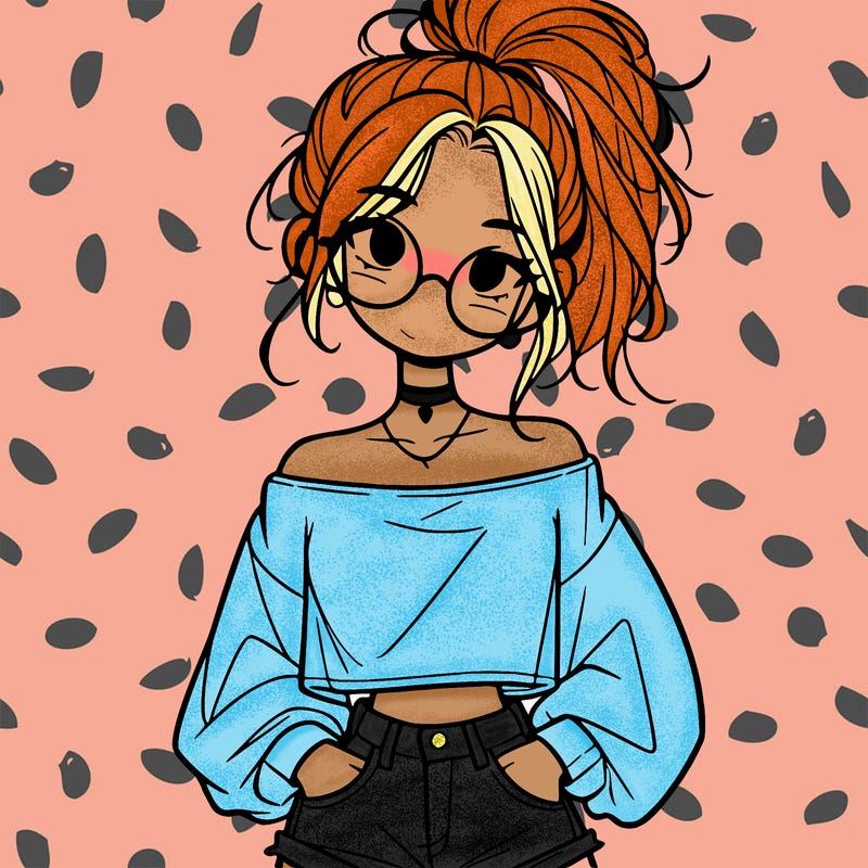 girl with a messy ponytail glasses a baggy crop top and jean shorts