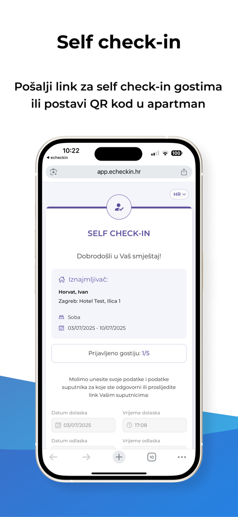 eCheckin - Écran de smartphone montrant l'interface d'auto-enregistrement de l'application eCheckin