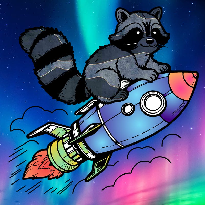realistic raccoon flying on top rocket ship