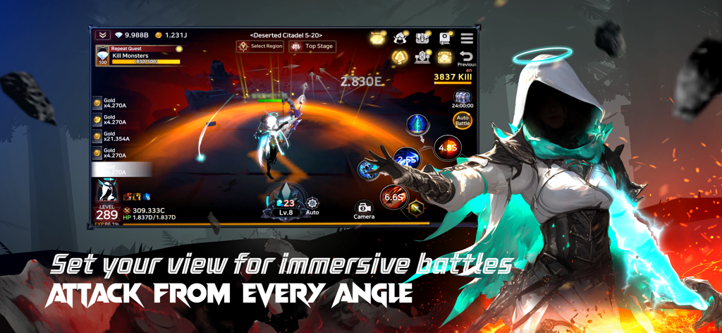 Eine Kapuzenfigur in Immortal Rising 2 führt einen stilvollen 3D-Action-Angriff mit einer Kampfanzeige durch, die verschiedene Skill-Buttons und Fortschrittsstatistiken anzeigt