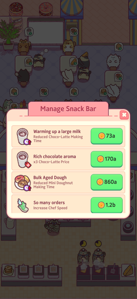 Cat Snack Bar: Food Games - In-game menu showing upgrade options for a cat-themed restaurant snack bar