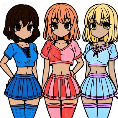 three cousins anime side by side with crop tops and short skirts on