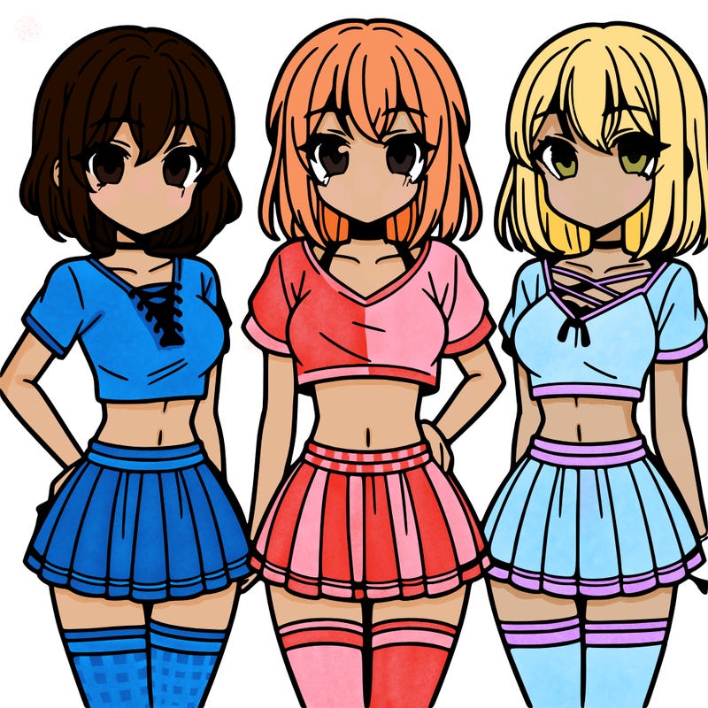 three cousins anime side by side with crop tops and short skirts on