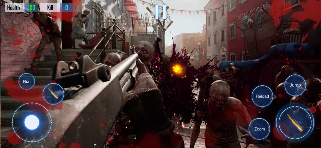 First person shooter gameplay showing a player shooting a zombie in a city street.