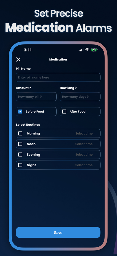 Alarm Clock Svegliare - Interface for setting precise medication alarms and routines in the Svegliare app