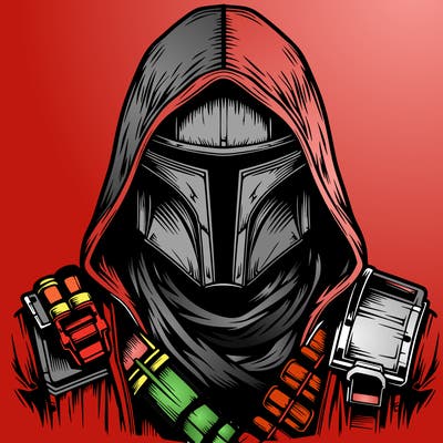 realistic warrior bounty hunter with mask and hood on