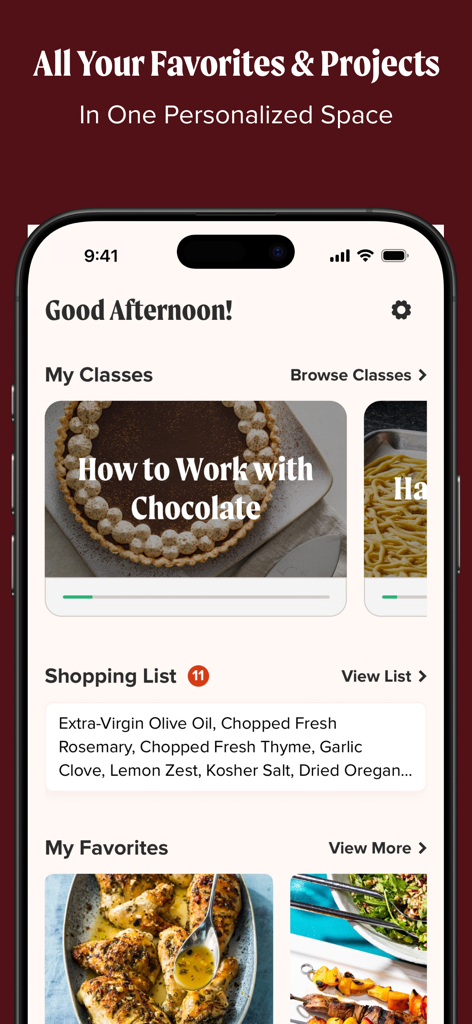 America's Test Kitchen - A mobile app screen showing a personalized dashboard with cooking classes, a shopping list, and favorite recipes.