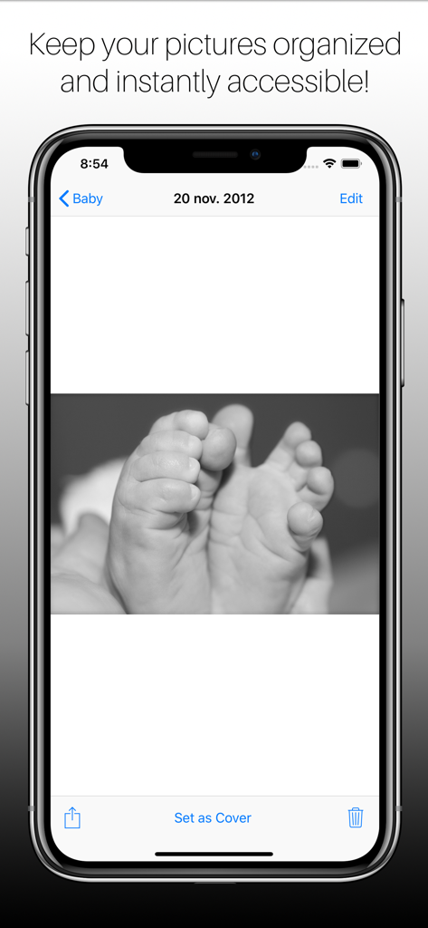 My Family Pictures - Interface of the My Family Pictures app displaying a black and white photo of baby feet with sorting and sharing options