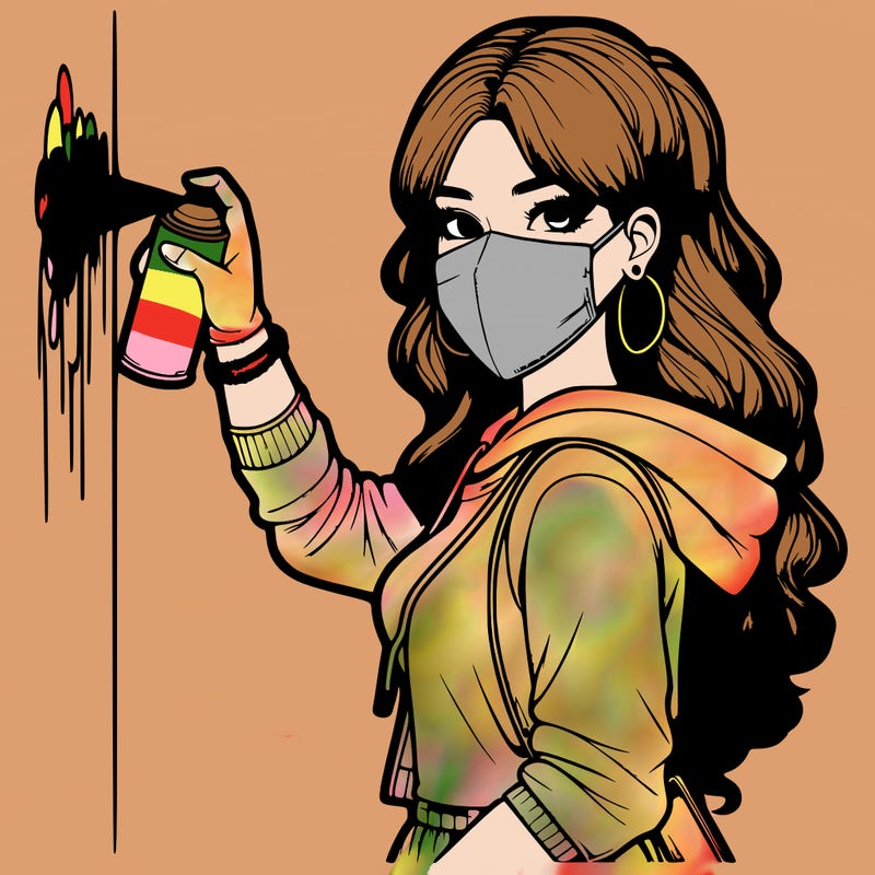 realistic girl with mask spray painting a wall