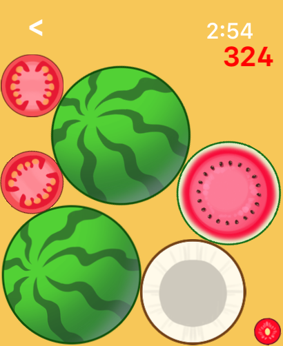 Merge Watermelon 4 Watch - Gameplay screen of Merge Watermelon 4 Watch showing various fruit icons and a score on a yellow background
