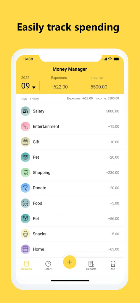Screenshot der Money Tracker App, der eine Liste täglicher Ausgaben und Einnahmentransaktionen zeigt