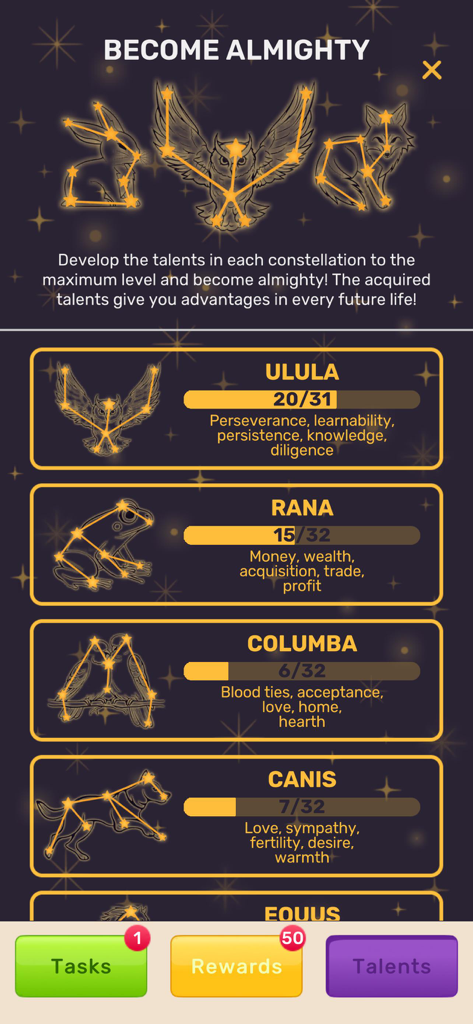 Real Life：Choices Simulator - A menu screen titled Become Almighty featuring talent progression through animal constellations like an owl and frog