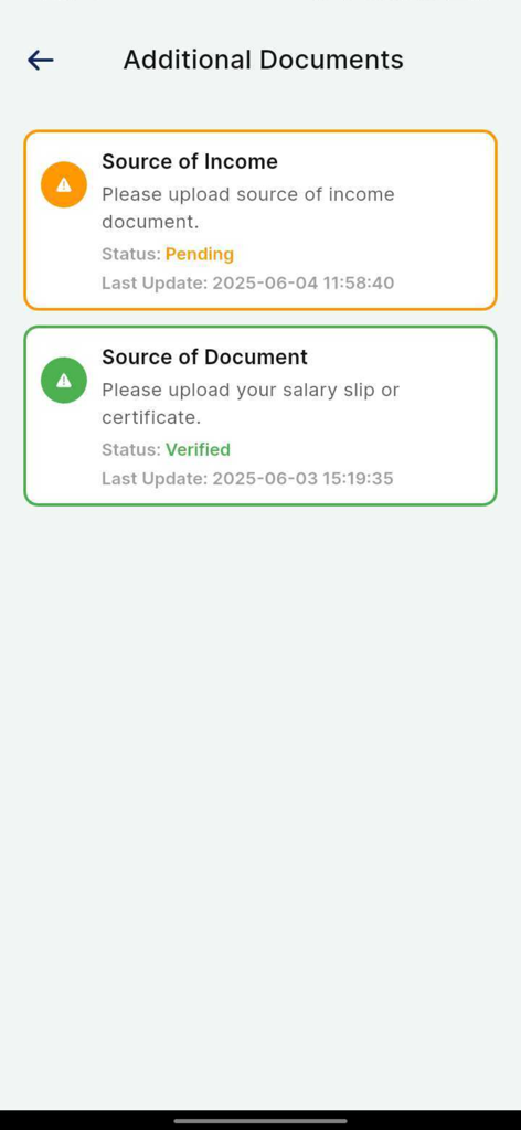 Codego KYC - Codego KYC App Benutzeroberfläche, die den Verifizierungsstatus von hochgeladenen Dokumenten wie Einkommensquelle und Gehaltsabrechnung anzeigt