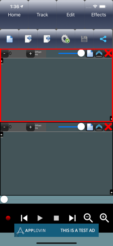 Audiosdroid Audio Studio - Audiosdroid Audio Studio multi-track audio editor interface showing recording and playback controls