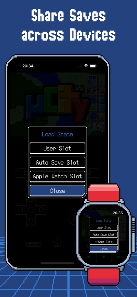 Interfaz de ArcEmu mostrando el intercambio de estado de guardado del juego entre iPhone y Apple Watch
