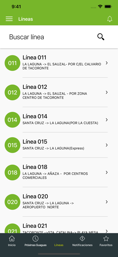 Titsa - Titsa mobile app showing available bus lines and search functionality