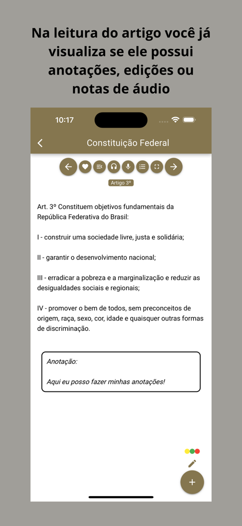 Interfaz de la app Vade Mecum Pro mostrando un artículo legal con una función para agregar notas personales