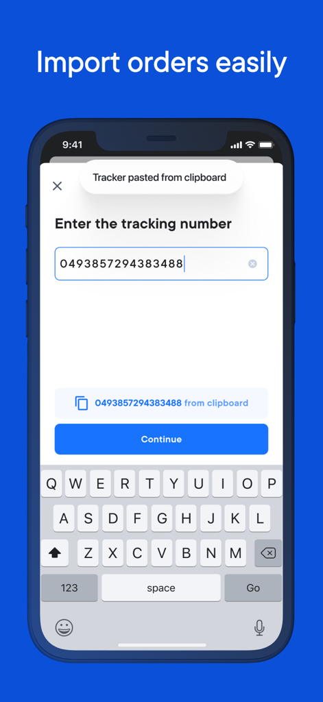 Spoke Package Tracker - An iPhone screen showing the Spoke Package Tracker app interface for entering a tracking number with an option to paste from the clipboard