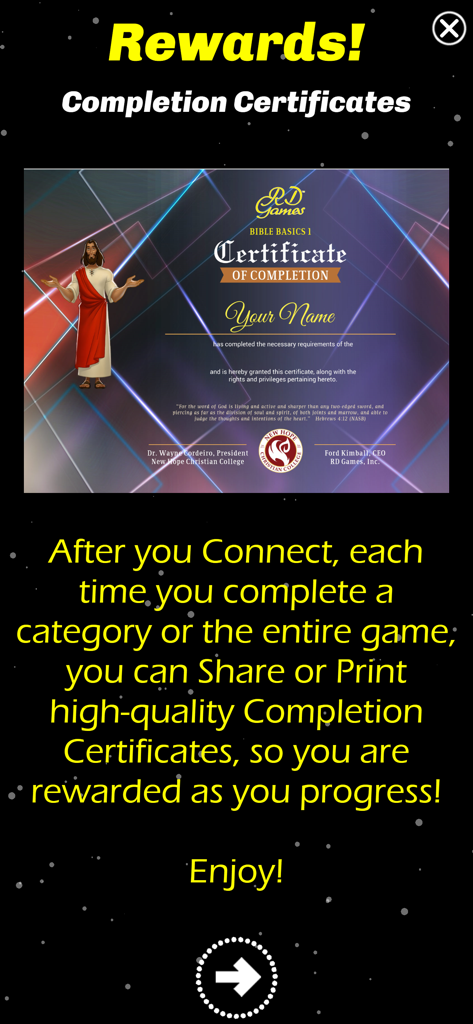 A screen from the Bible Basics Trivia app displaying a printable Certificate of Completion reward featuring an illustration of Jesus