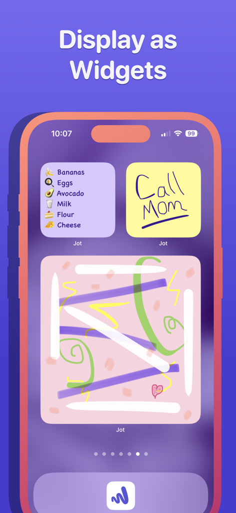 Schermata Home dell'iPhone che visualizza widget estetici di note adesive per liste della spesa, promemoria scritti a mano e disegni.