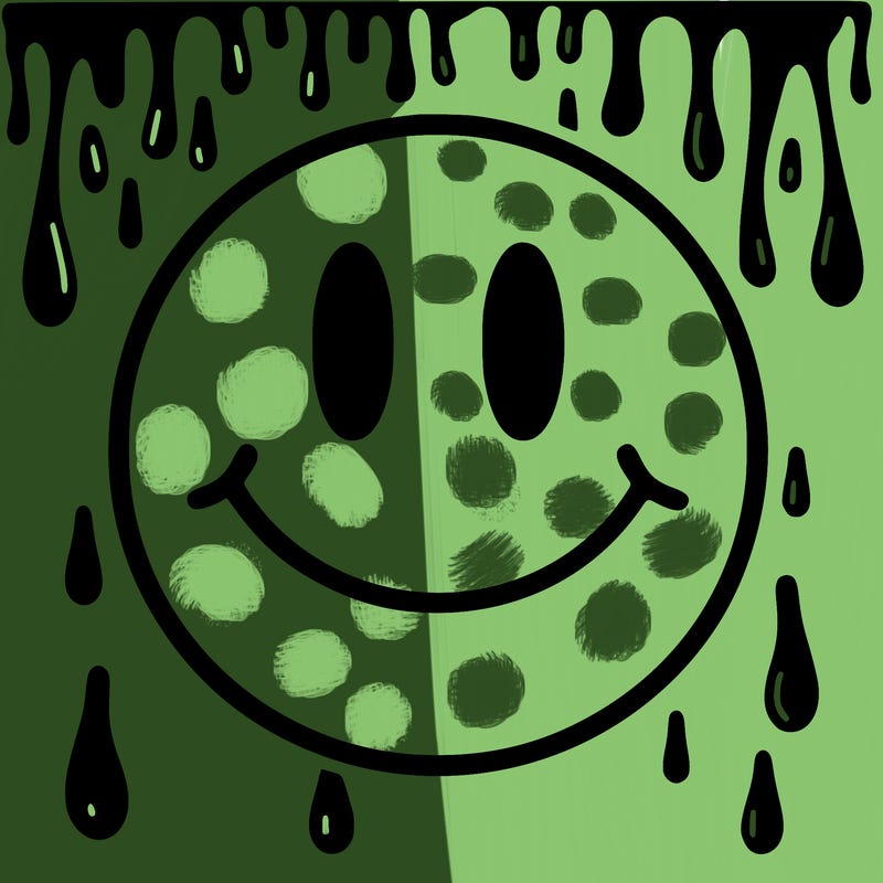 smiley face with drippy black and white background