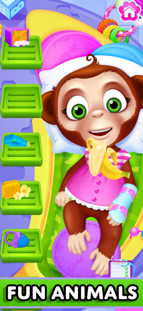 Baby Pet Puppy: Vet Makeover - A cute cartoon monkey with a cast on its arm eating a banana in a pet vet care game.