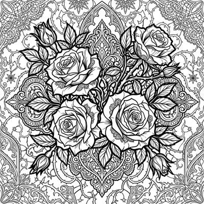Explore a captivating coloring page featuring lush English roses intertwined with intricate Gothic patterns. This design offers a unique blend of natural beauty and dark romantic elegance, perfect for creative expression.