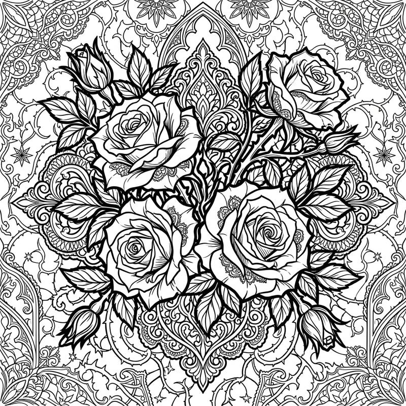 Explore a captivating coloring page featuring lush English roses intertwined with intricate Gothic patterns. This design offers a unique blend of natural beauty and dark romantic elegance, perfect for creative expression.