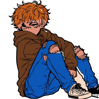 a male hoddie ripped jeans messy hair anime