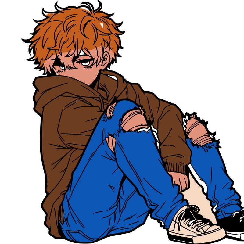 a male hoddie ripped jeans messy hair anime