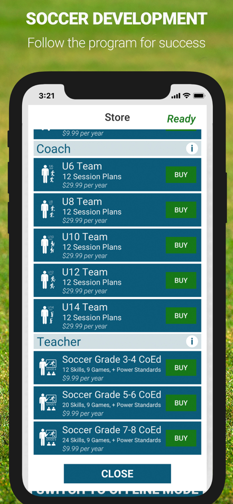 MOTI™ Soccer - In-app store of MOTI Soccer showing subscription plans for youth coaching and teaching sessions.