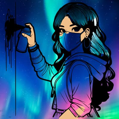 realistic girl with mask spray painting a wall