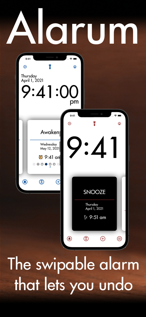 Alarum app displayed on two iPhones showcasing its minimalist clock interface and swipable snooze cards.