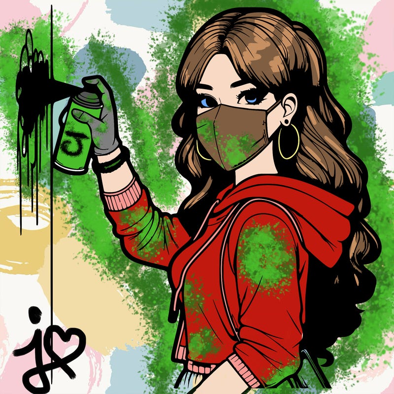 realistic girl with mask spray painting a wall