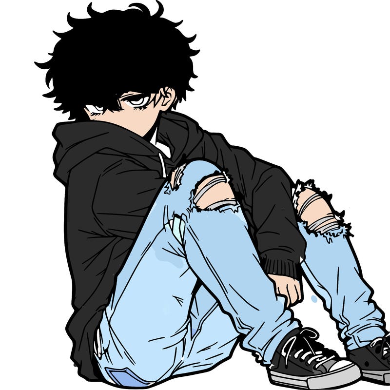 a male hoddie ripped jeans messy hair anime