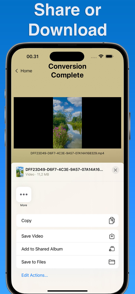 Convert MOV to MP4 - Ein Bildschirm, der die Optionen zum Teilen und Herunterladen eines konvertierten MP4-Videos auf einem iPhone anzeigt