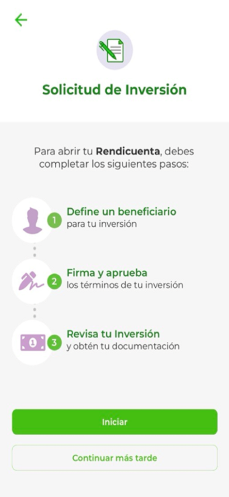 Pantalla de solicitud de inversión Rendicuenta en la app CPM Móvil Plus detallando los pasos para definir beneficiario, firmar y revisar documentación.