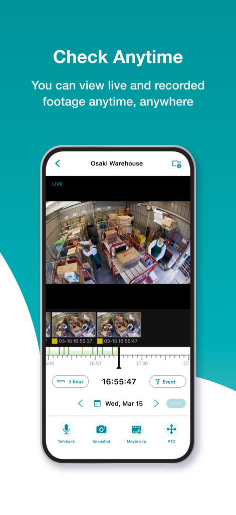 Safie Viewer app interface displaying a live security camera feed of a warehouse with remote monitoring controls.