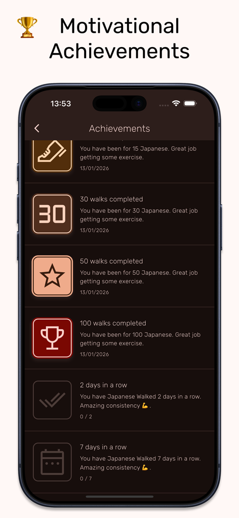 A screenshot showing the achievements and badges in the Japanese Walking Timer app including walk counts and consistency streaks