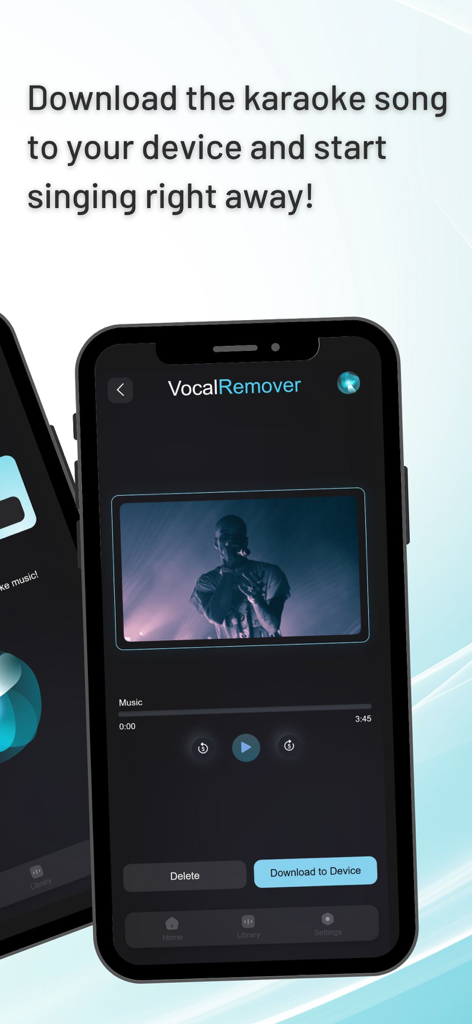 Un smartphone mostrando la interfaz de la aplicación Vocal Remover AI con una función para descargar pistas de karaoke.