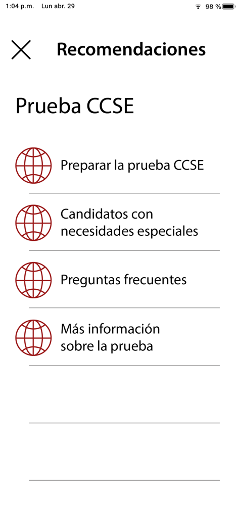 Pantalla de recomendaciones de la app CCSE con opciones de menú para preparación de exámenes y preguntas frecuentes