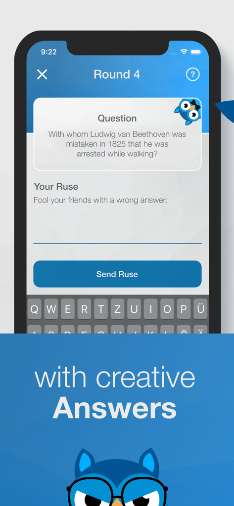 Interfaccia dell'app mobile Finto che mostra una domanda di trivia e un campo di testo per inviare una risposta di bluff