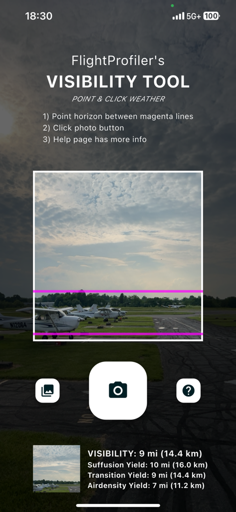 Visibility Tool - Visibility Tool app interface measuring nine miles of visibility at an airfield