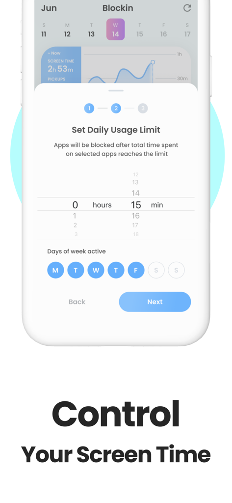 Blockin -Screen Time for Focus - Interface for setting a daily smartphone usage limit in the Blockin app