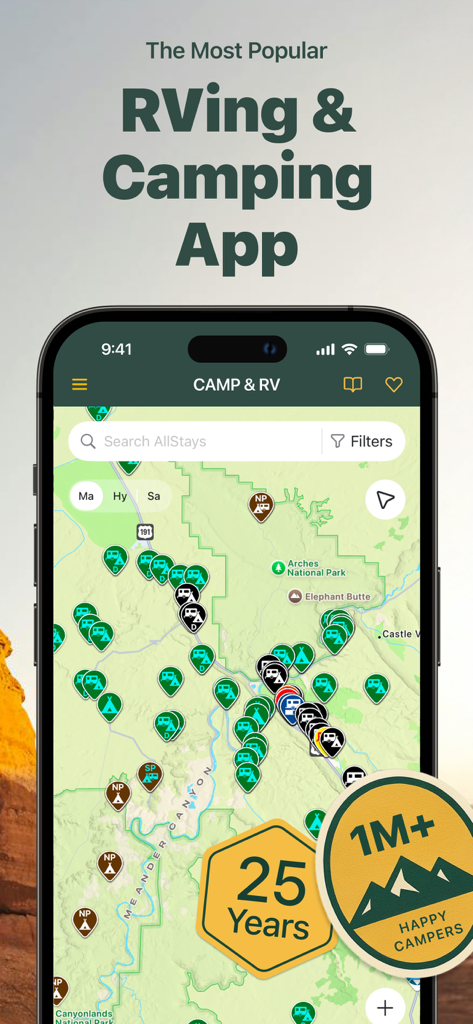 AllStays Camp and RV app interface showing a map with multiple campground locations and national parks