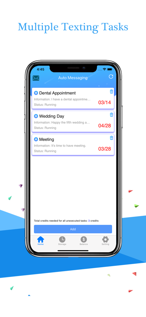 AutoSender Pro - Auto Texting - Interfaz de AutoSender Pro que muestra una lista de tareas de envío de mensajes automáticos programadas para citas y reuniones.
