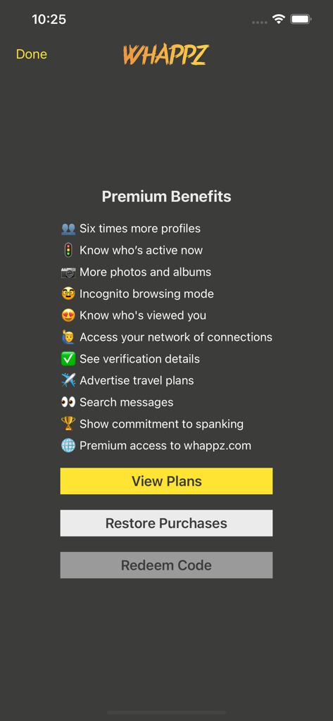 Whappz - Whappz mobile app screen showing the list of premium benefits and subscription features
