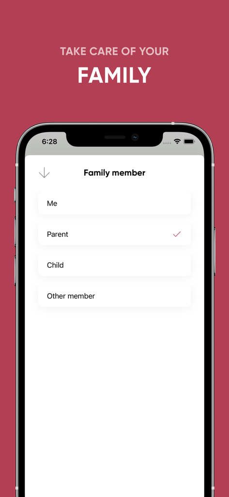 A mobile app screen to select a family member for temperature tracking including options for Me, Parent, Child, and Other member.
