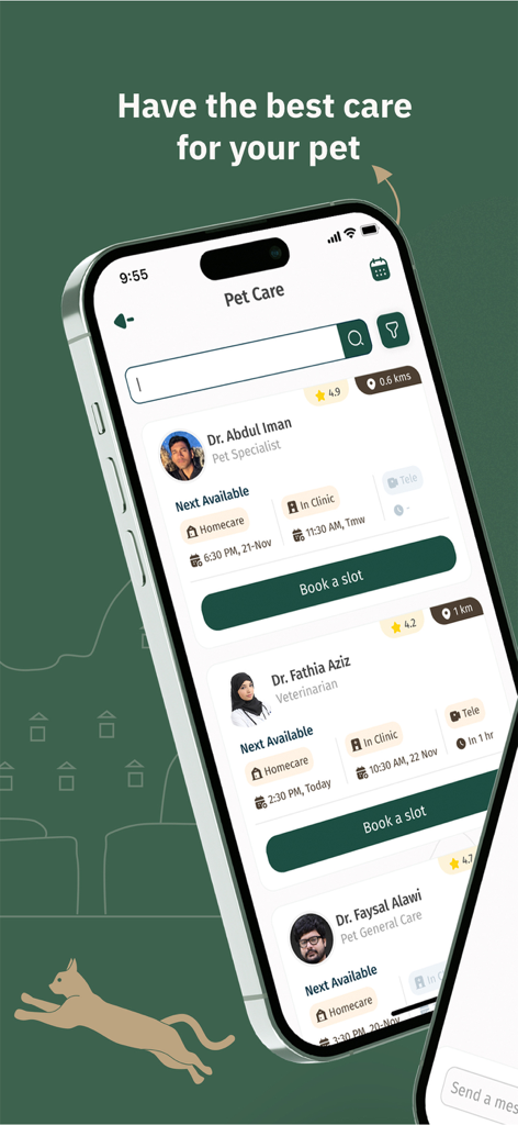 Aseel - أصيل - Pantalla de la aplicación móvil Aseel que muestra una lista de veterinarios y especialistas en mascotas con opciones de reserva para cuidado a domicilio o visitas a clínicas