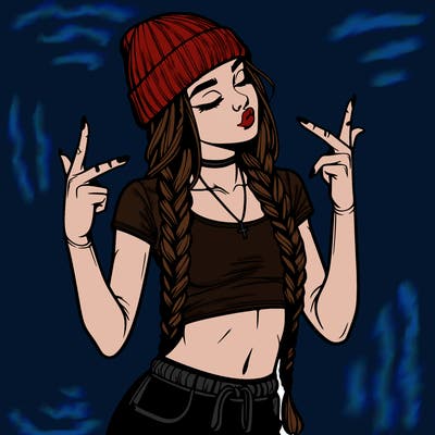 realistic teenage girl with braids and a beanie and crop top doing 🫶🏼